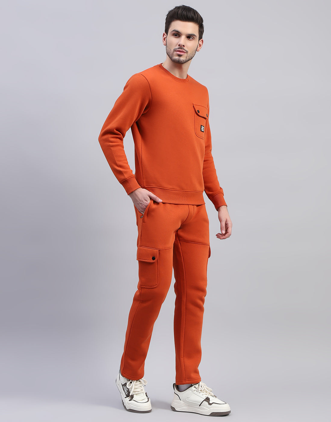 Men Orange Solid Round Neck Full Sleeve Tracksuit