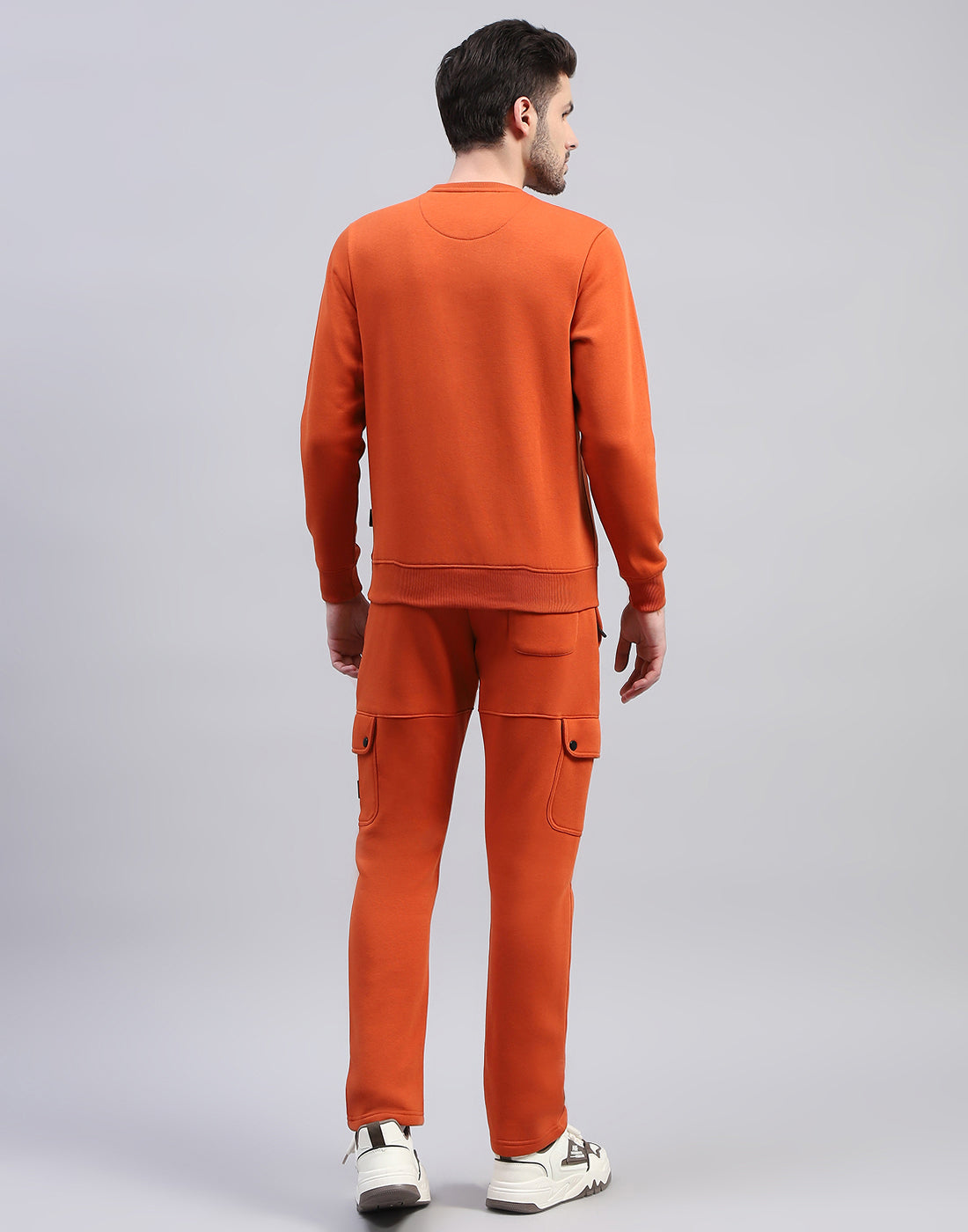 Men Orange Solid Round Neck Full Sleeve Tracksuit