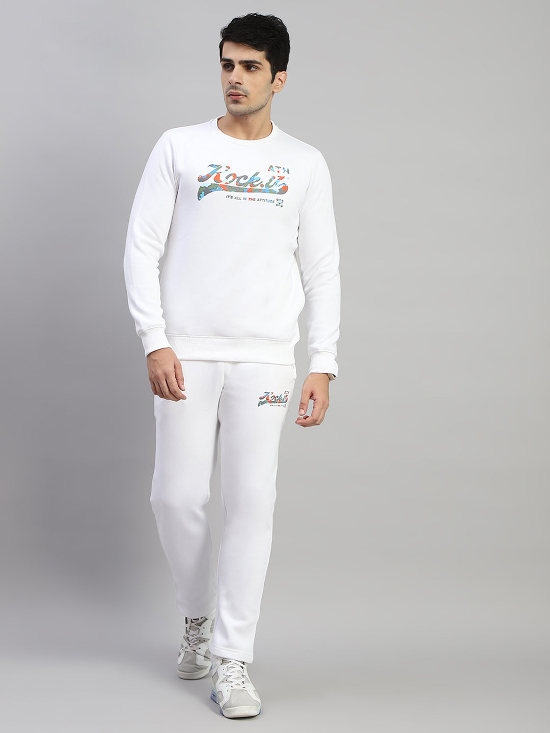 Men White Printed Round Neck Full Sleeve Winter Tracksuit