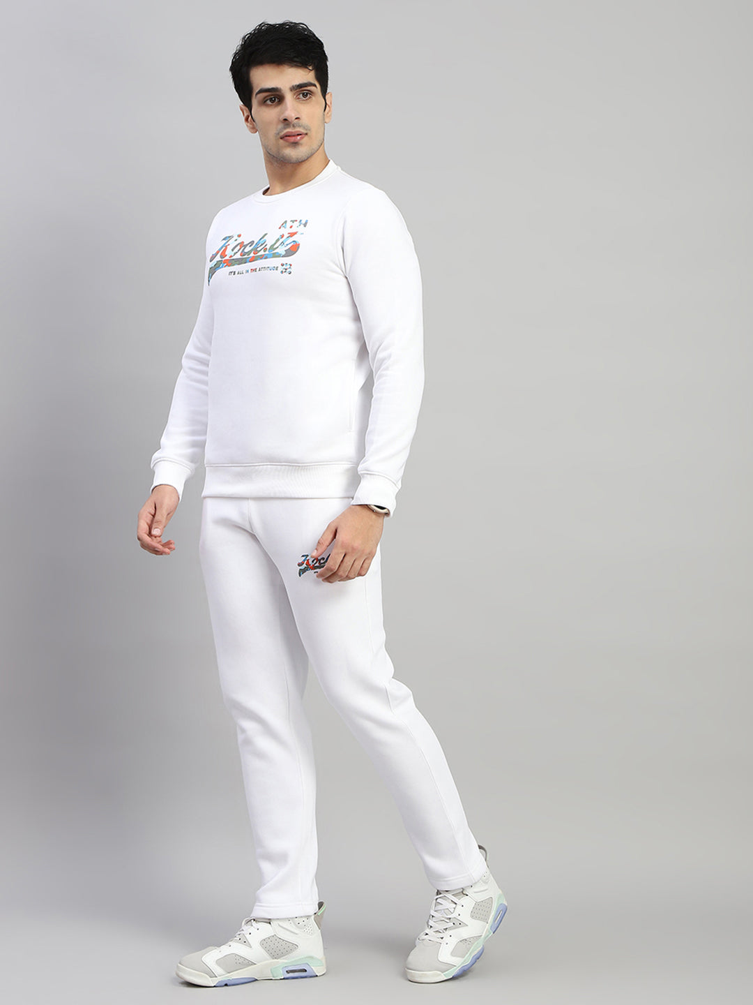 Men White Printed Round Neck Full Sleeve Winter Tracksuit