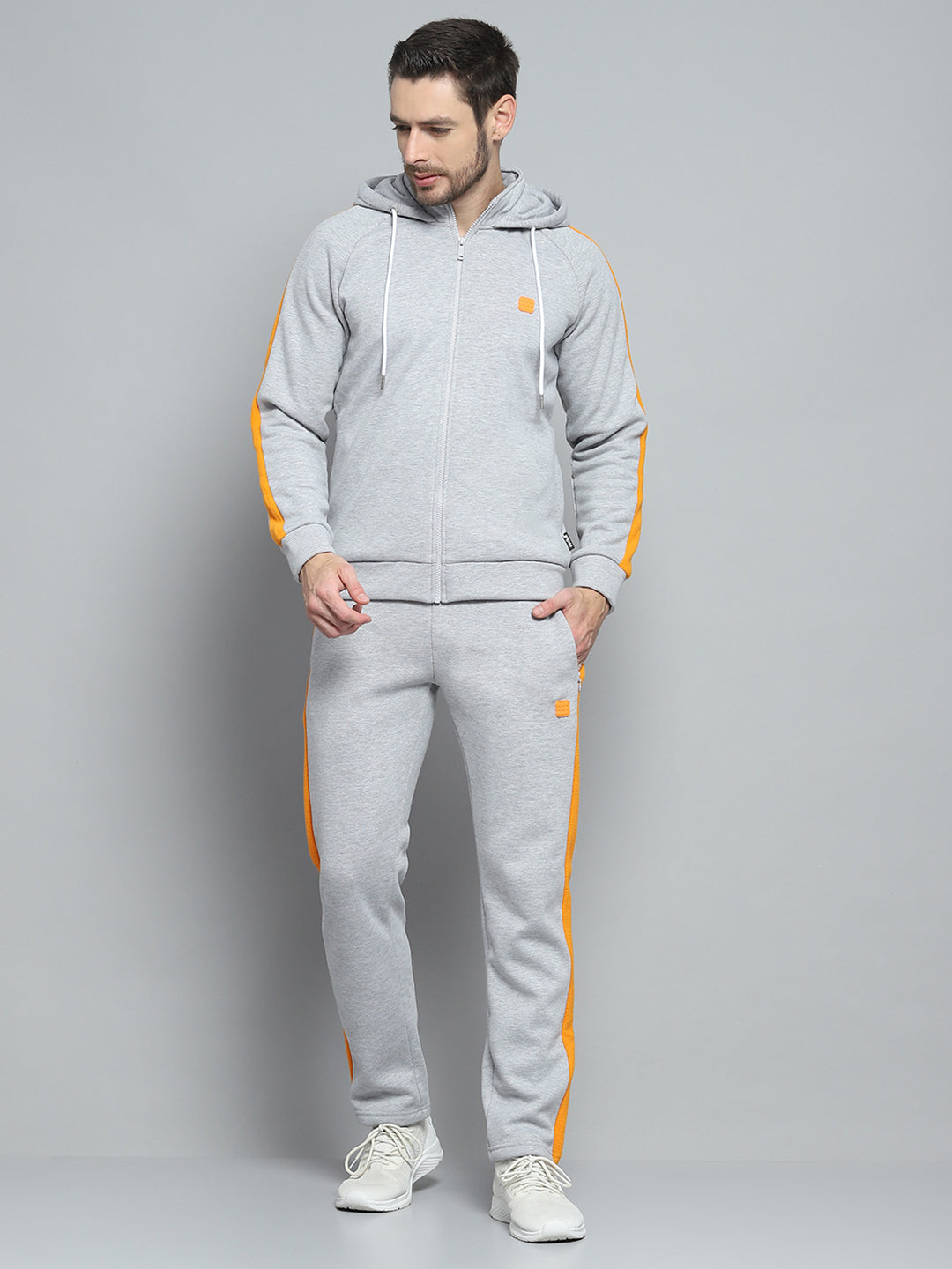 Men Grey Solid Hooded Full Sleeve Winter Tracksuit