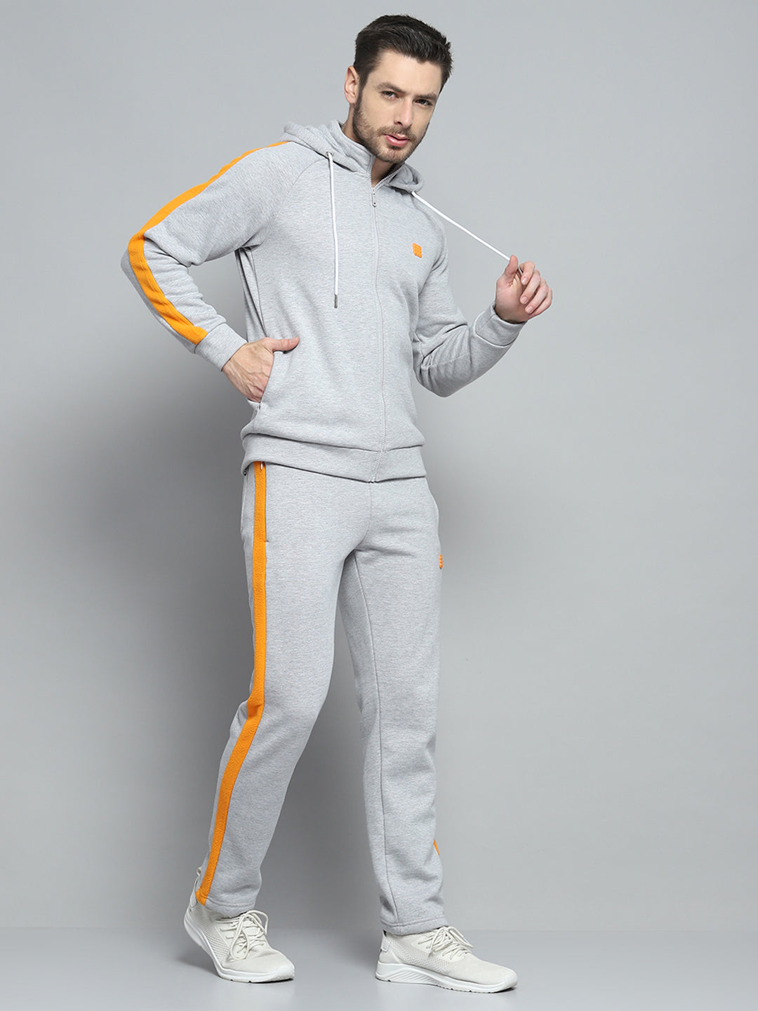 Men Grey Solid Hooded Full Sleeve Winter Tracksuit