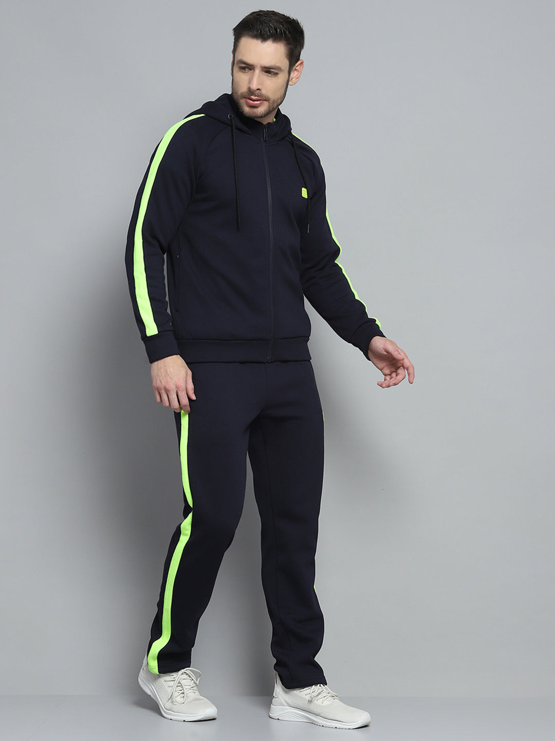 Men Navy Blue Solid Hooded Full Sleeve Winter Tracksuit