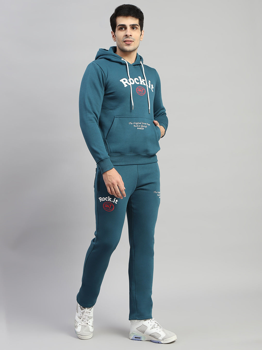 Men Blue Printed Hooded Full Sleeve Winter Tracksuit