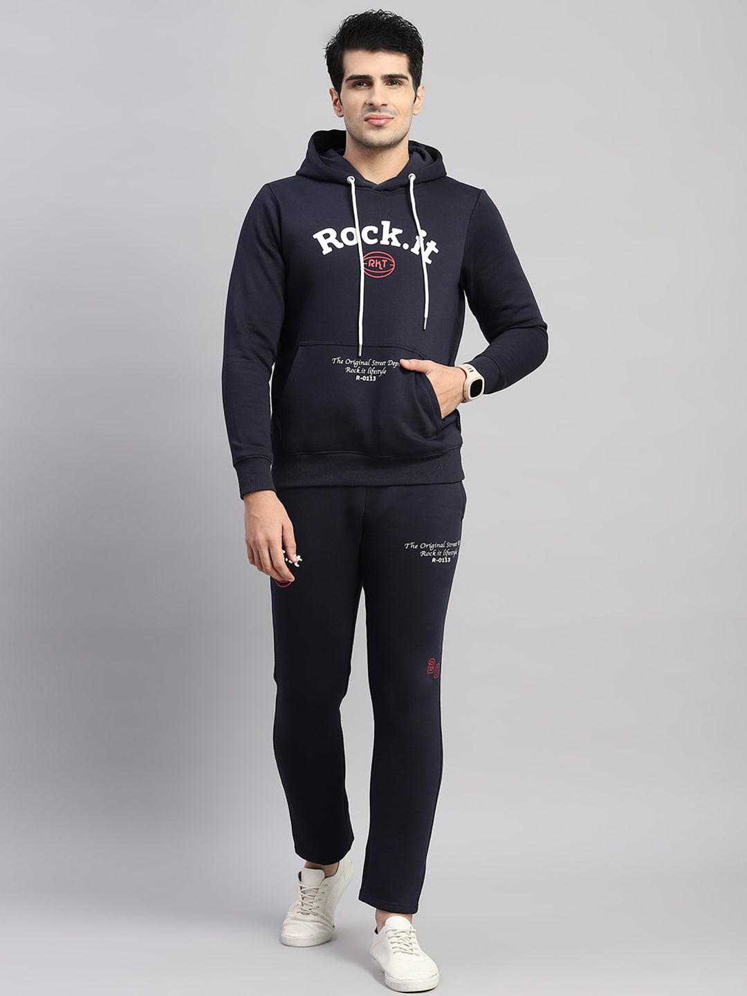 Men Navy Blue Printed Hooded Full Sleeve Winter Tracksuit