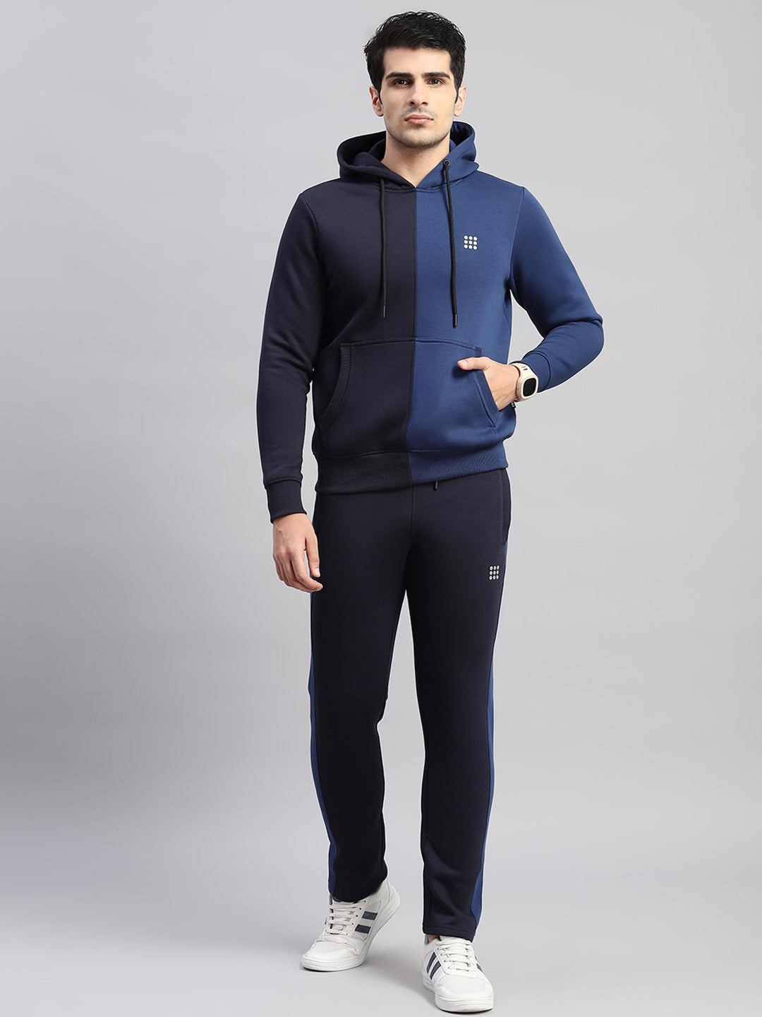 Men Navy Blue Solid Hooded Full Sleeve Winter Tracksuit