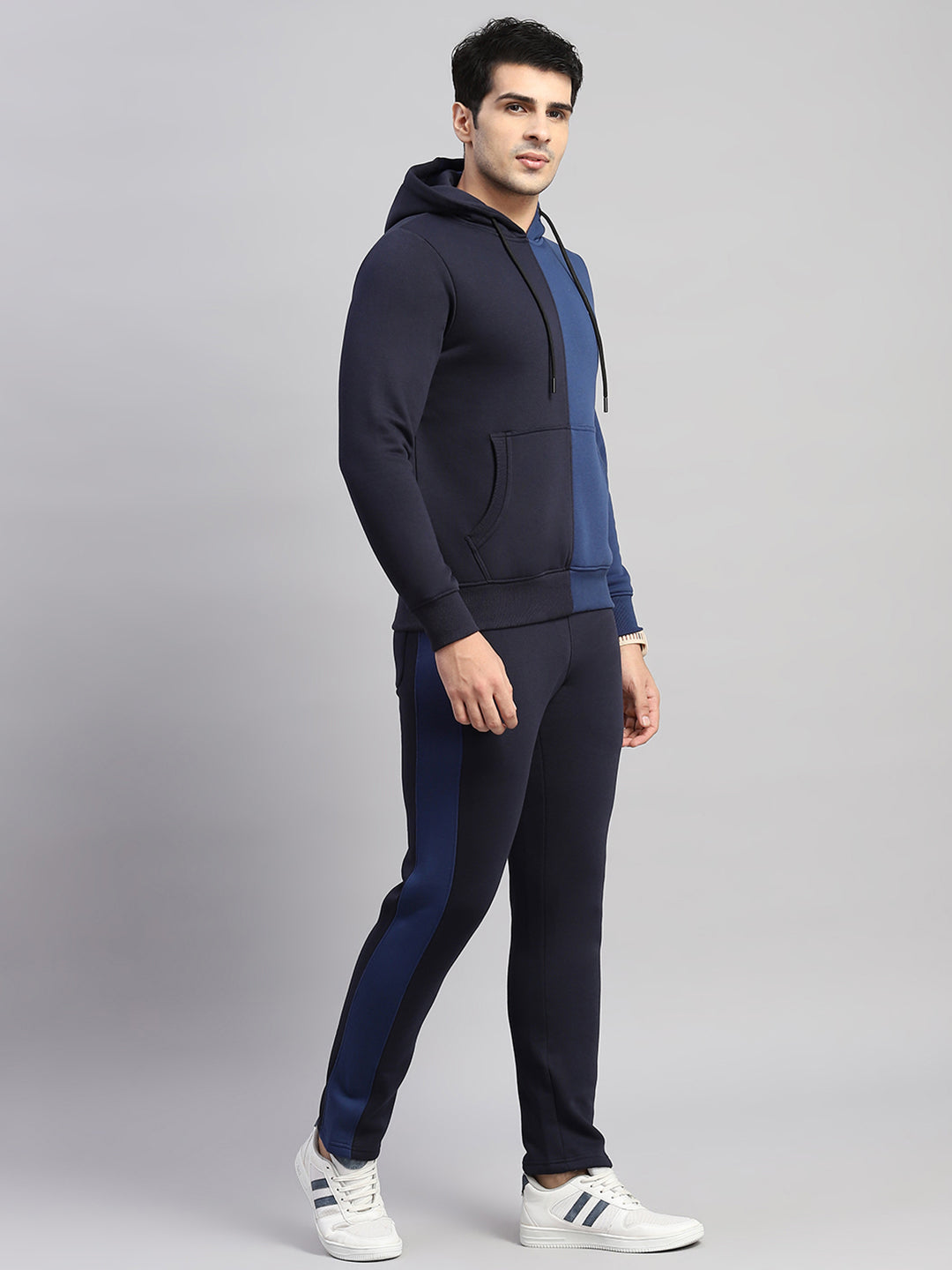 Men Navy Blue Solid Hooded Full Sleeve Winter Tracksuit