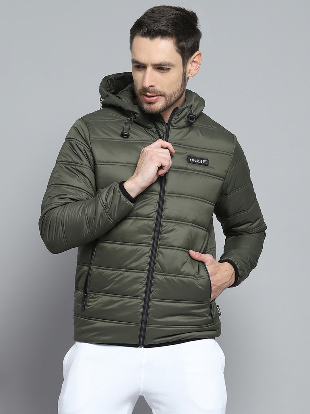 Men Olive Printed Hooded Full Sleeve Jacket