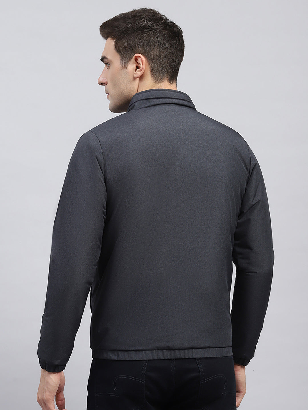 Men Charcoal Solid Mock Neck Full Sleeve Jacket