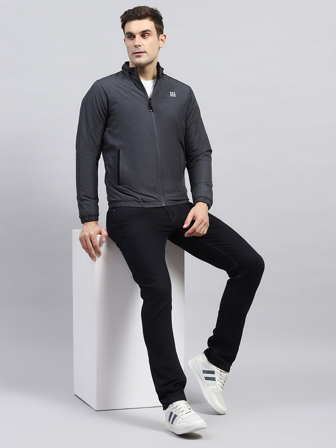 Men Charcoal Solid Mock Neck Full Sleeve Jacket