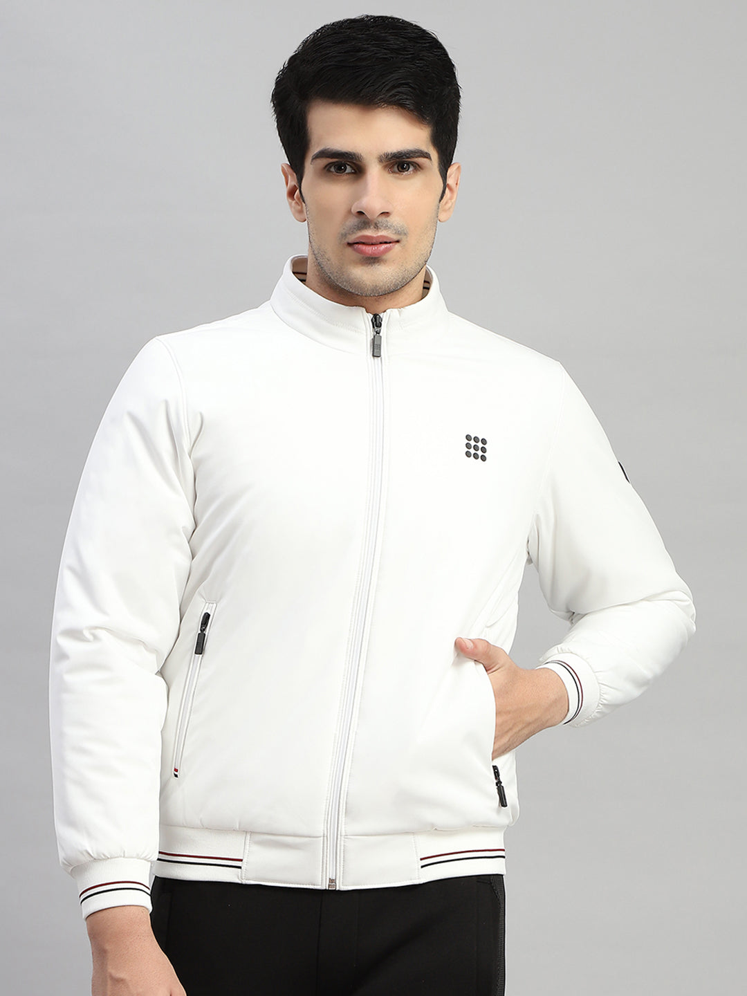 Men White Solid Mock Neck Full Sleeve Jacket