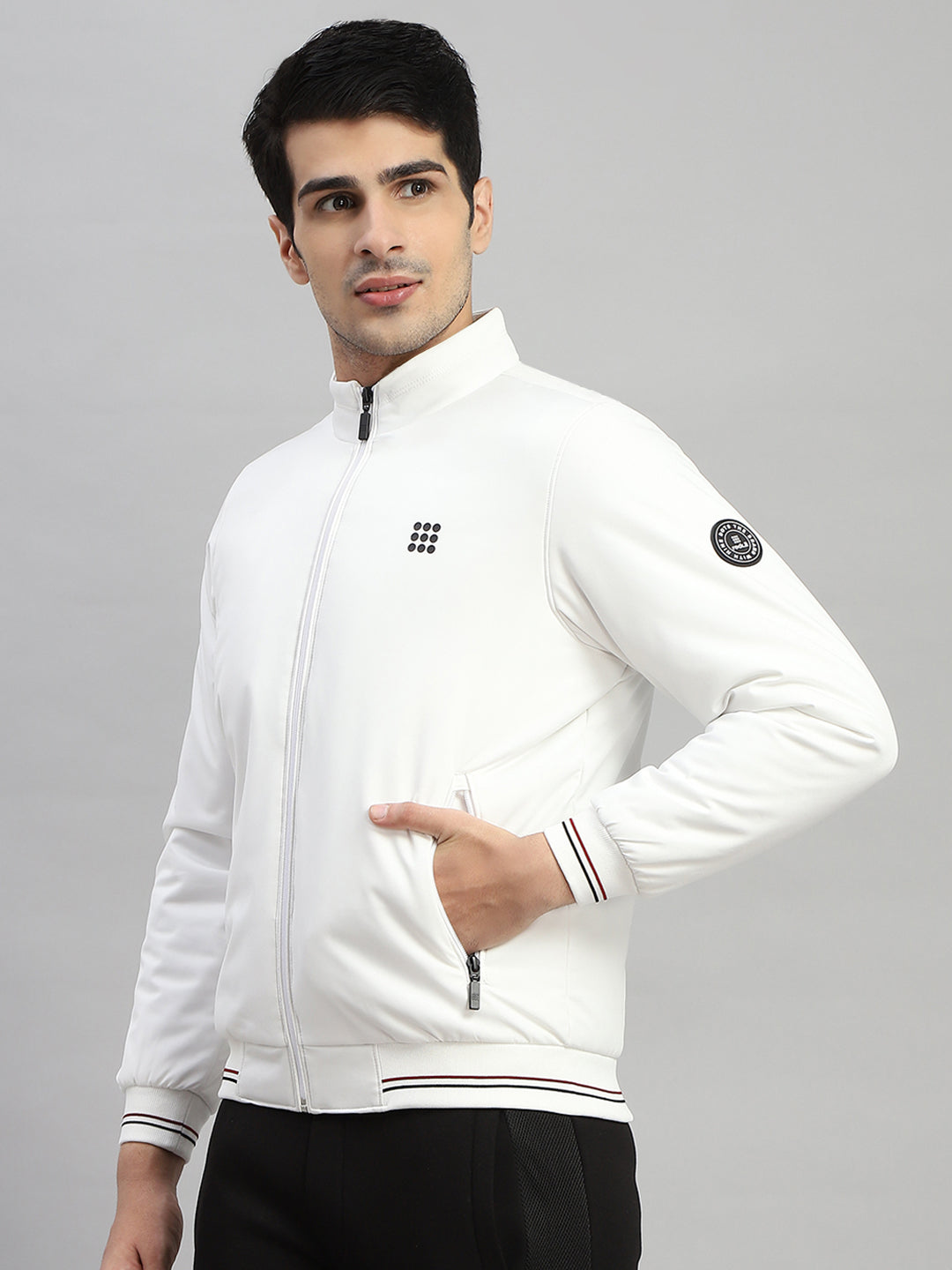 Men White Solid Mock Neck Full Sleeve Jacket