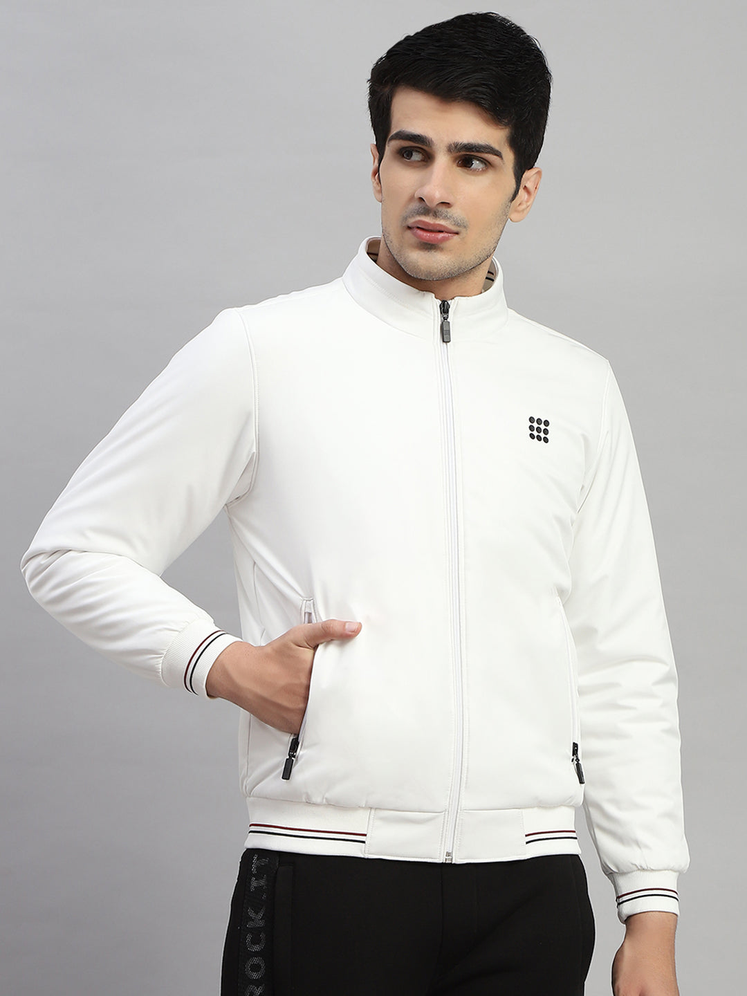 Men White Solid Mock Neck Full Sleeve Jacket