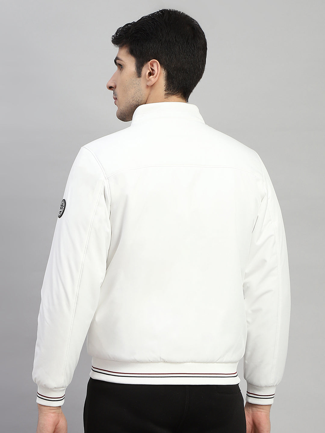 Men White Solid Mock Neck Full Sleeve Jacket