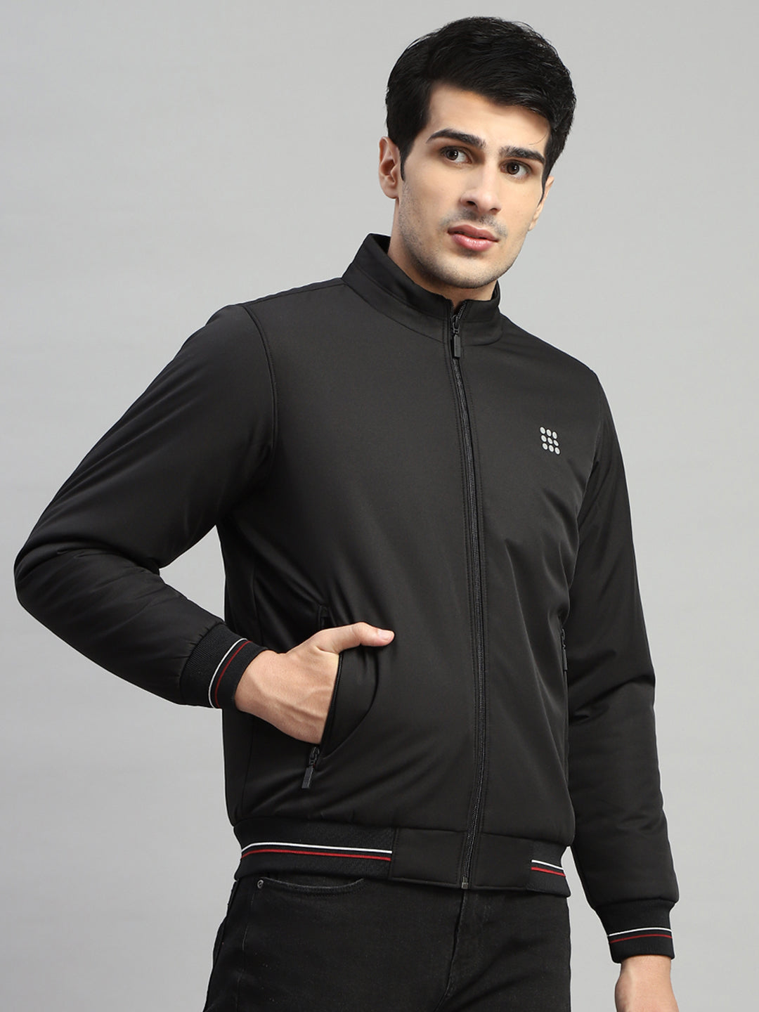 Men Black Solid Mock Neck Full Sleeve Jacket