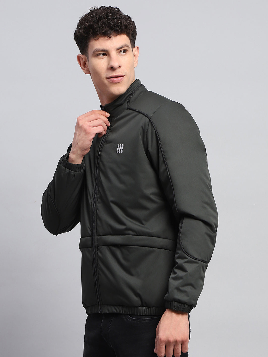 Men Olive Solid Mock Neck Full Sleeve Jacket