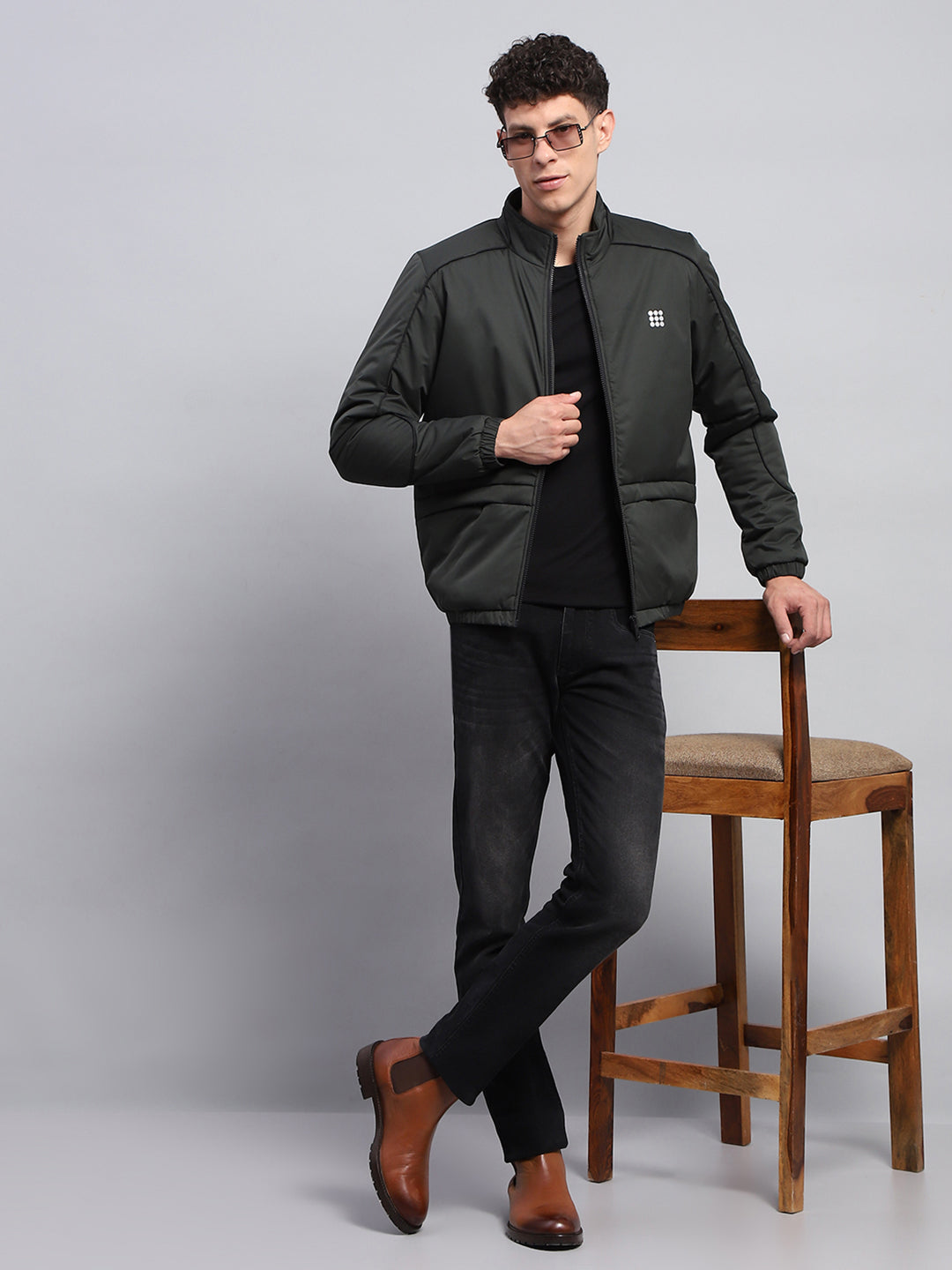 Men Olive Solid Mock Neck Full Sleeve Jacket