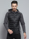 Men Charcoal Solid Hooded Full Sleeve Jacket