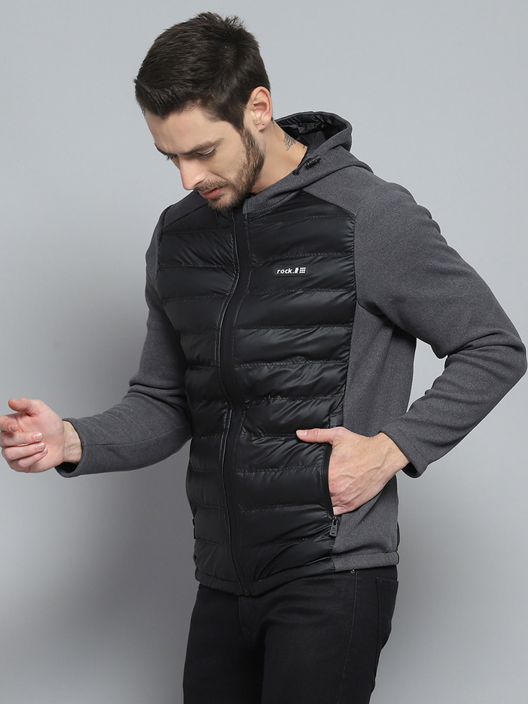 Men Charcoal Solid Hooded Full Sleeve Jacket