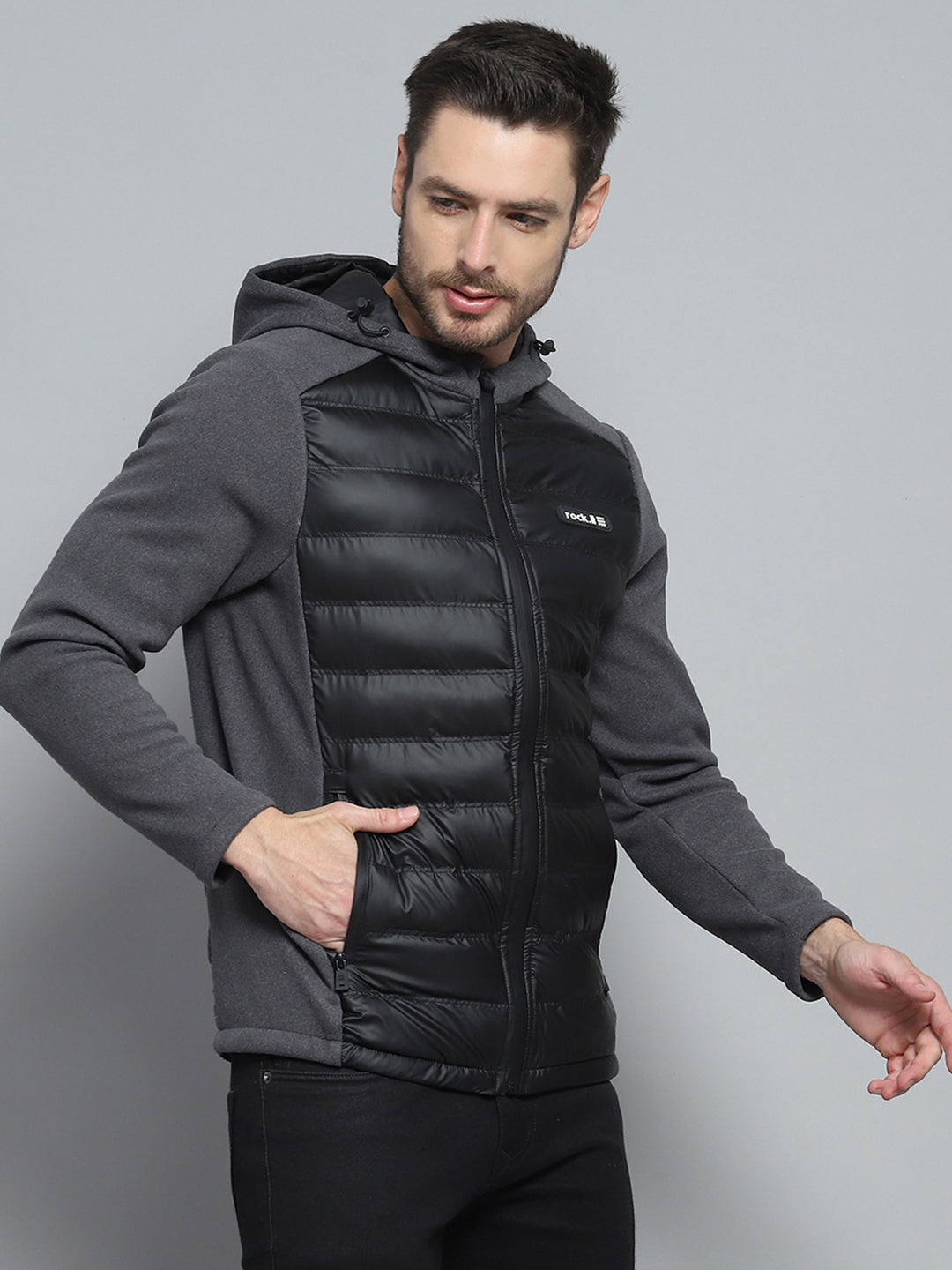 Men Charcoal Solid Hooded Full Sleeve Jacket