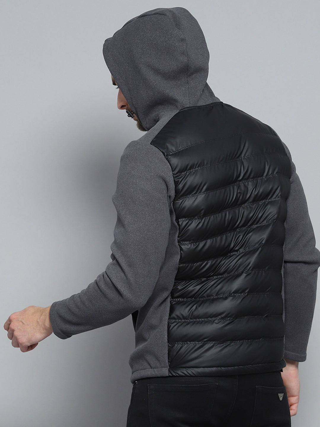 Men Charcoal Solid Hooded Full Sleeve Jacket