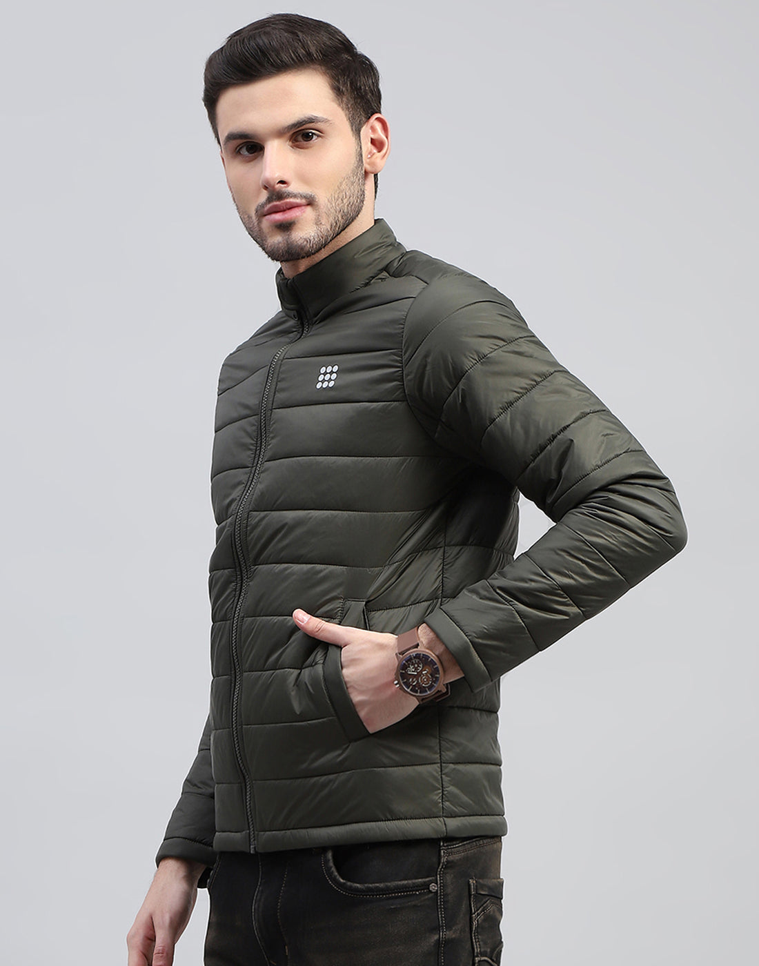 Men Olive Solid Band Collar Full Sleeve Jacket