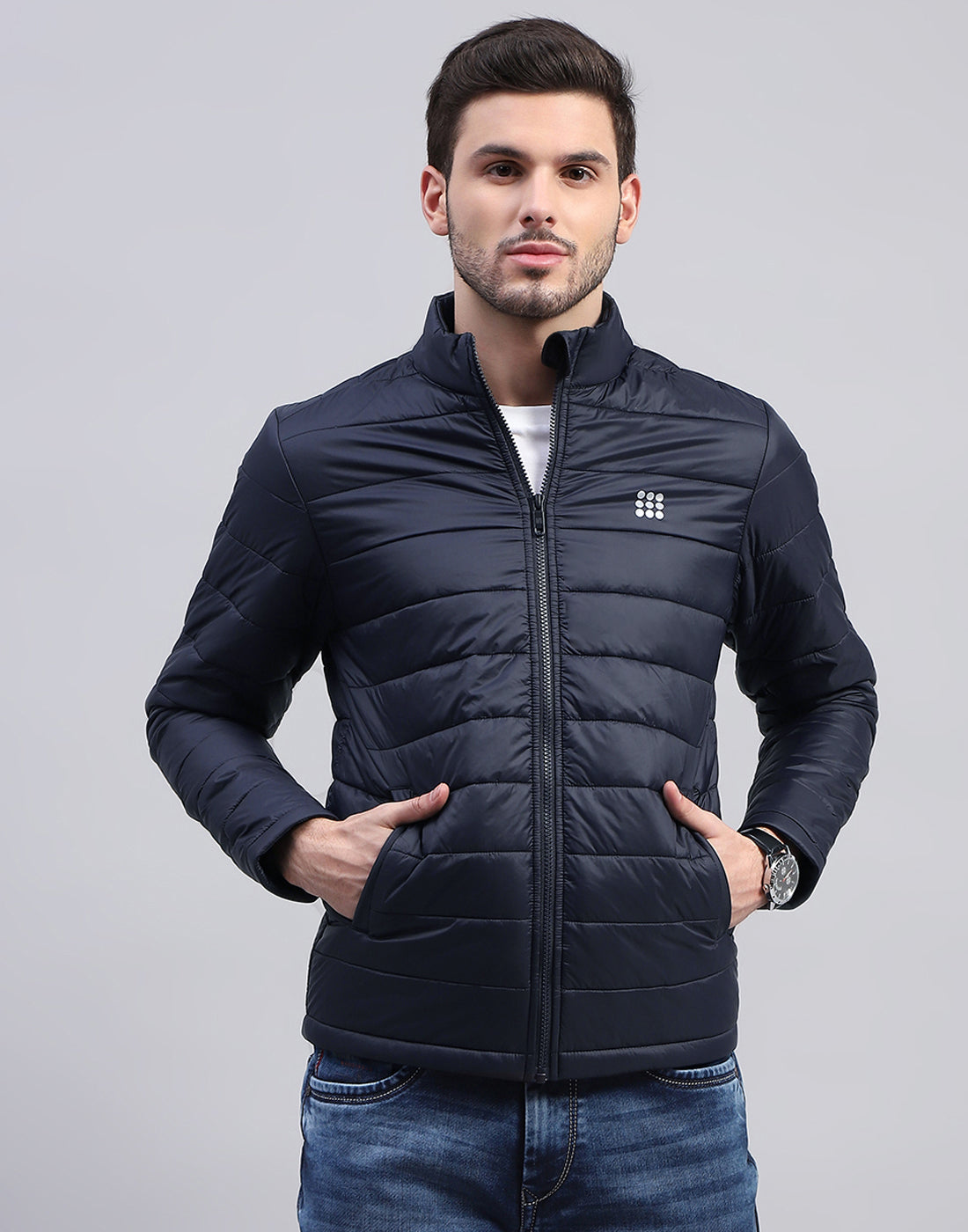 Men Navy Blue Solid Band Collar Full Sleeve Jacket