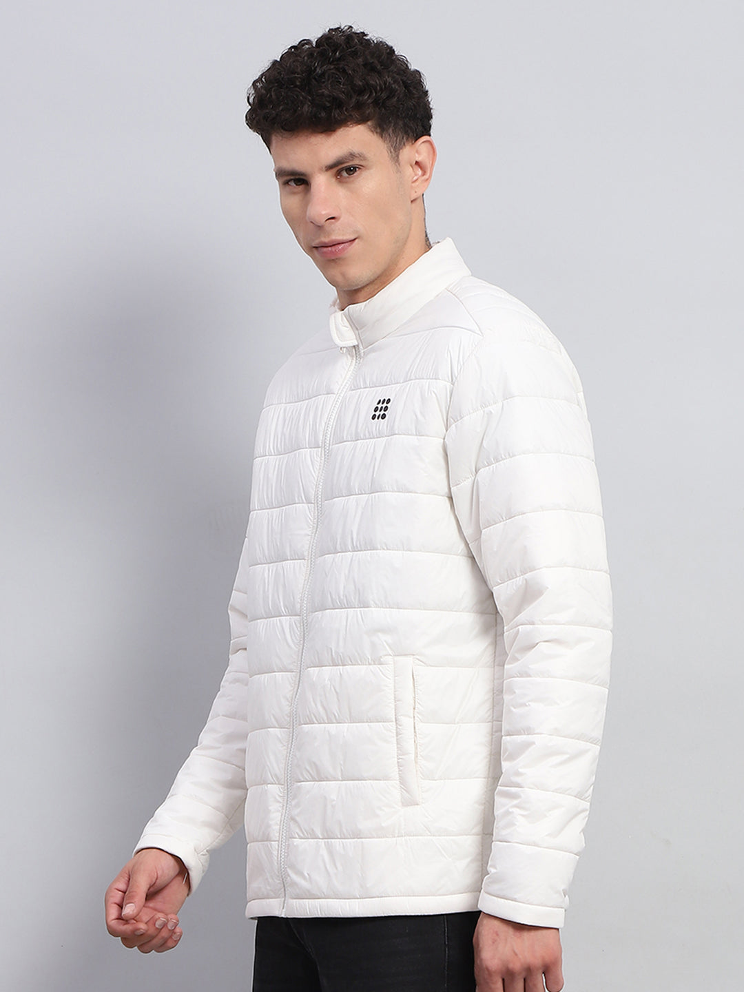 Men White Solid Mock Neck Full Sleeve Jacket