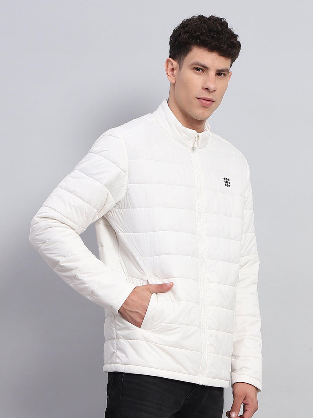 Men White Solid Mock Neck Full Sleeve Jacket