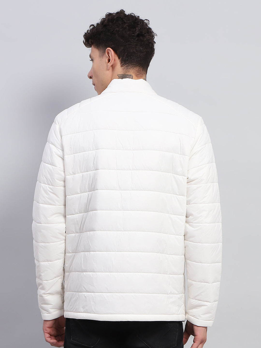 Men White Solid Mock Neck Full Sleeve Jacket