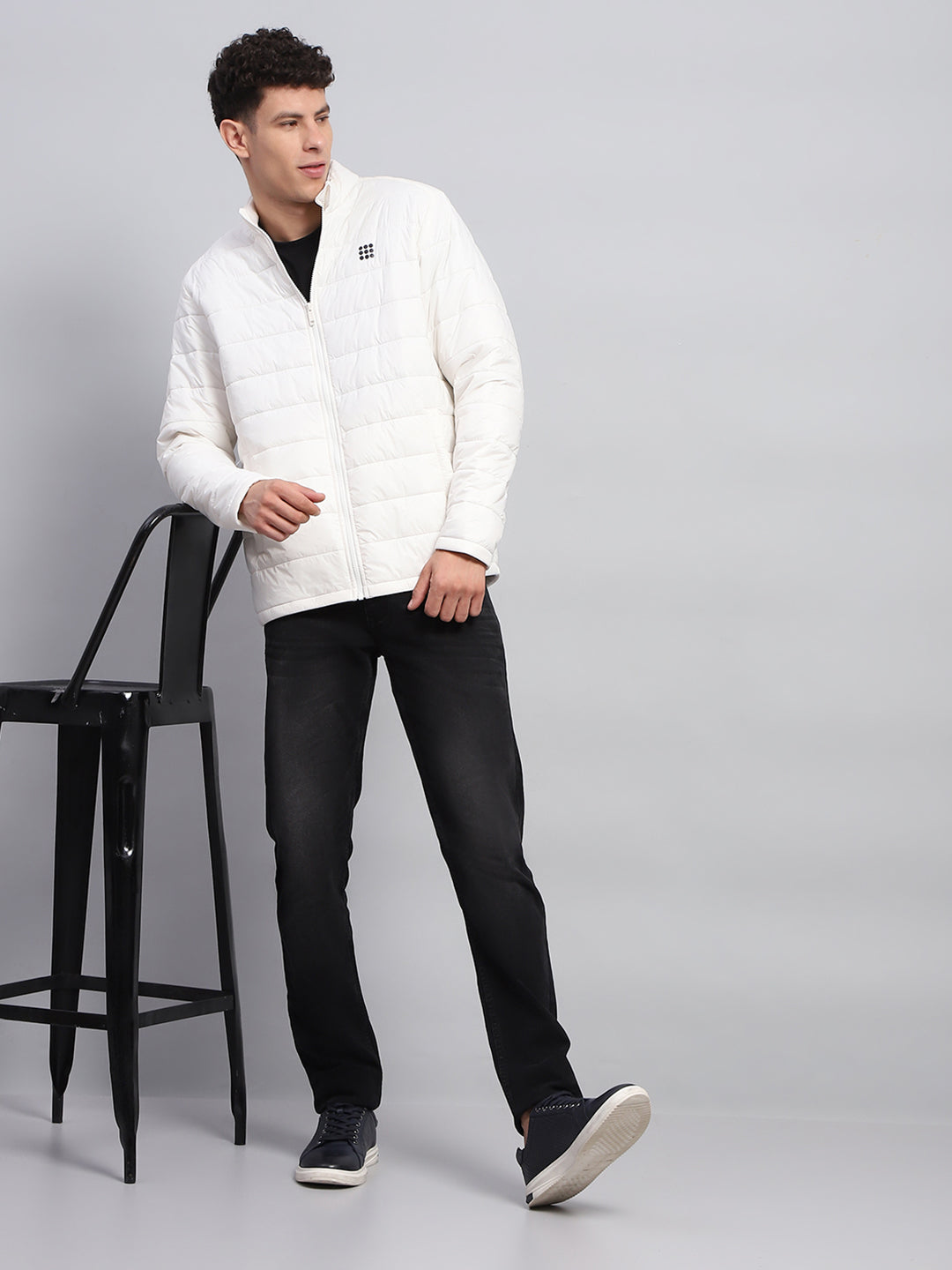 Men White Solid Mock Neck Full Sleeve Jacket