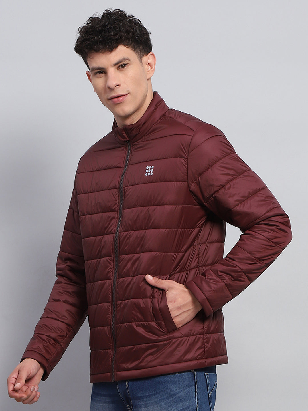 Men Maroon Solid Mock Neck Full Sleeve Jacket