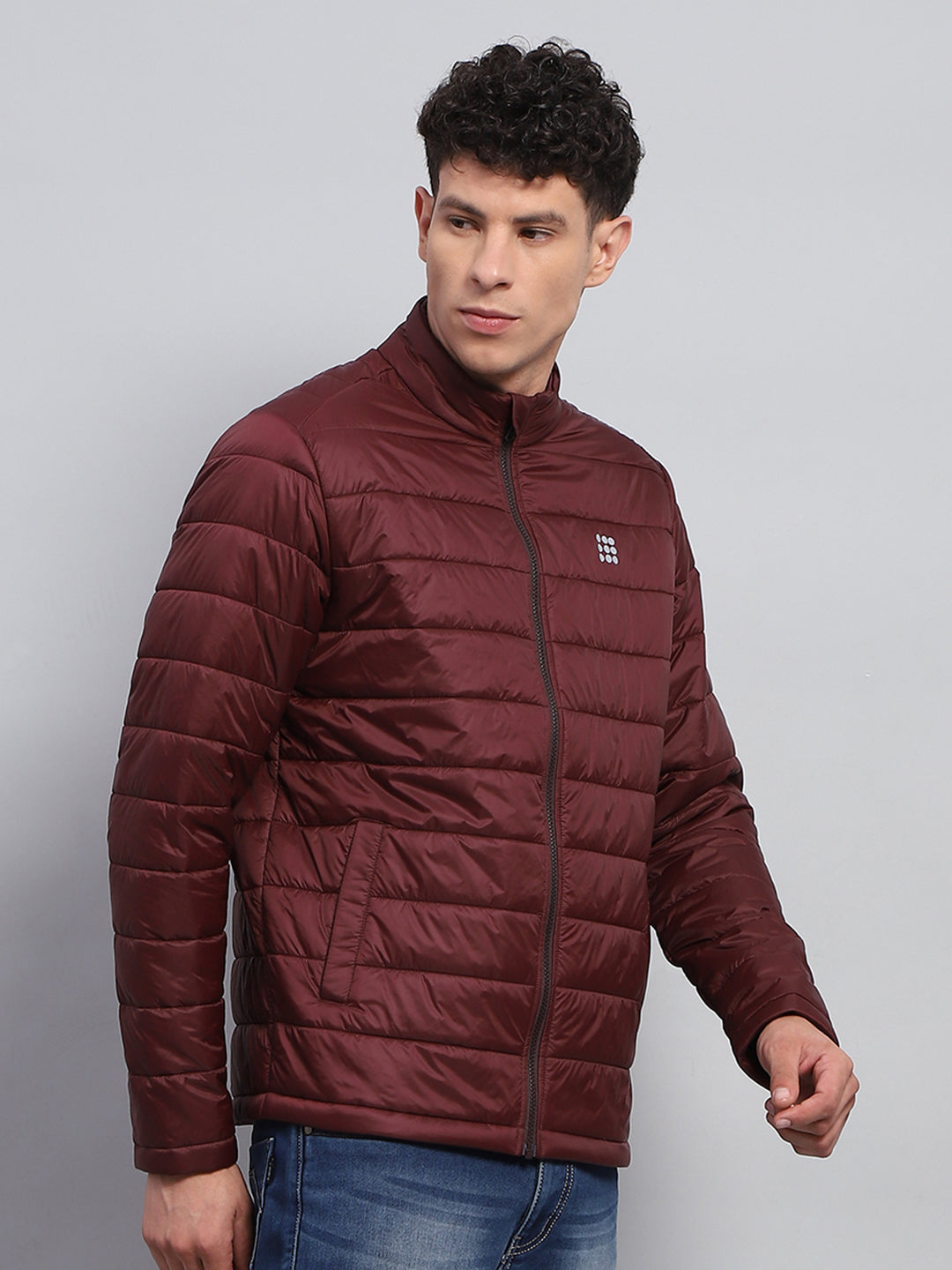 Men Maroon Solid Mock Neck Full Sleeve Jacket