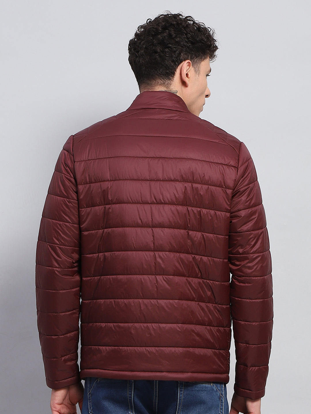 Men Maroon Solid Mock Neck Full Sleeve Jacket