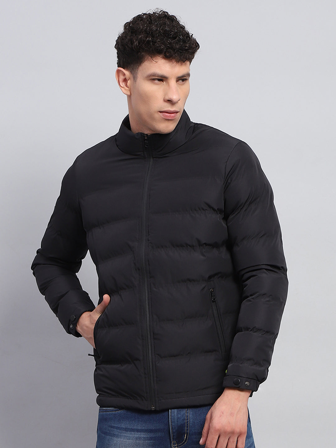 Men Black Solid Mock Neck Full Sleeve Jacket