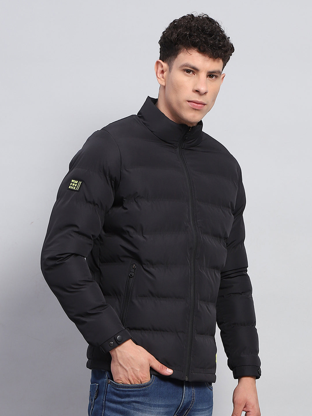 Men Black Solid Mock Neck Full Sleeve Jacket