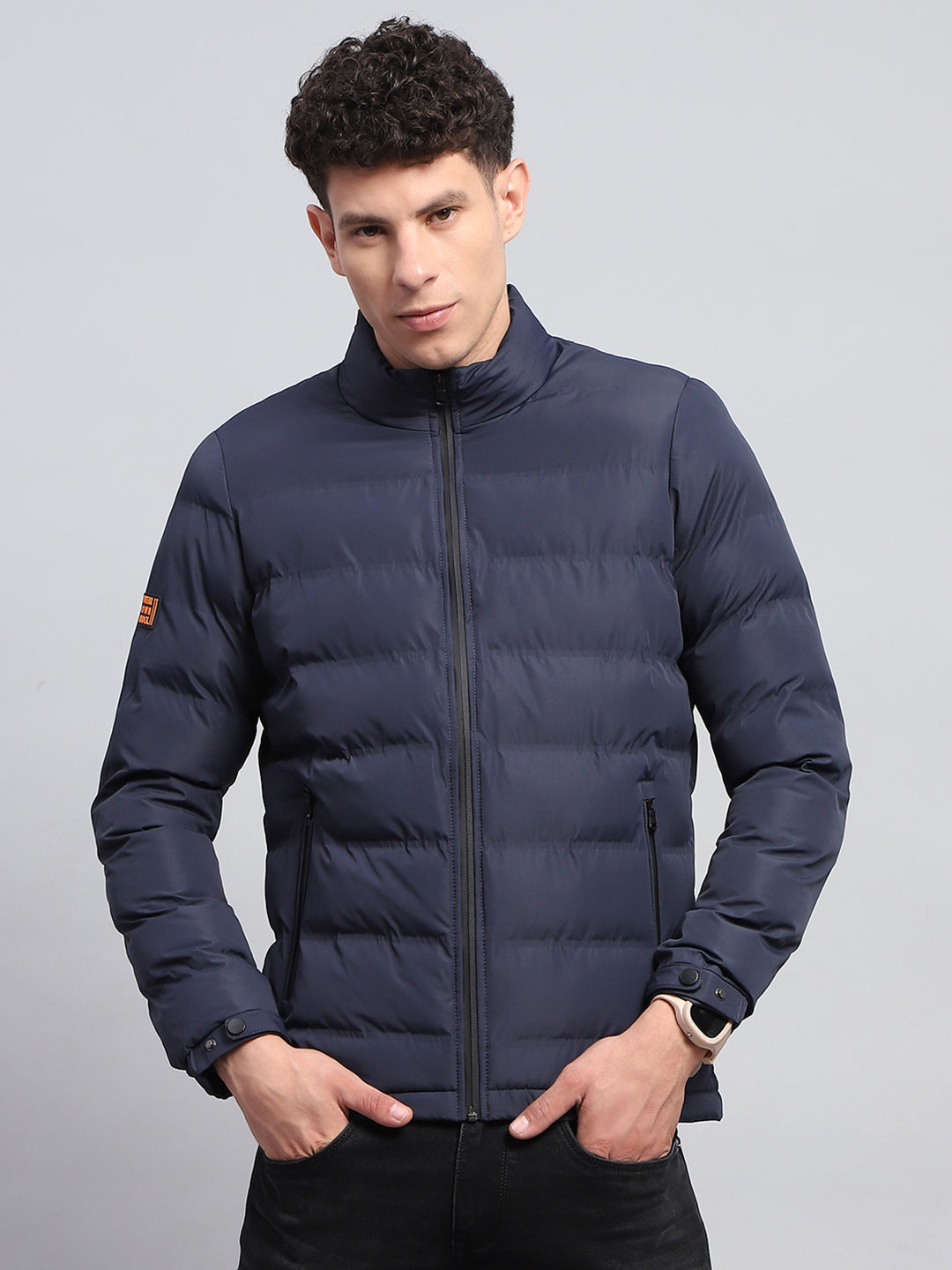 Men Navy Blue Solid Mock Neck Full Sleeve Jacket