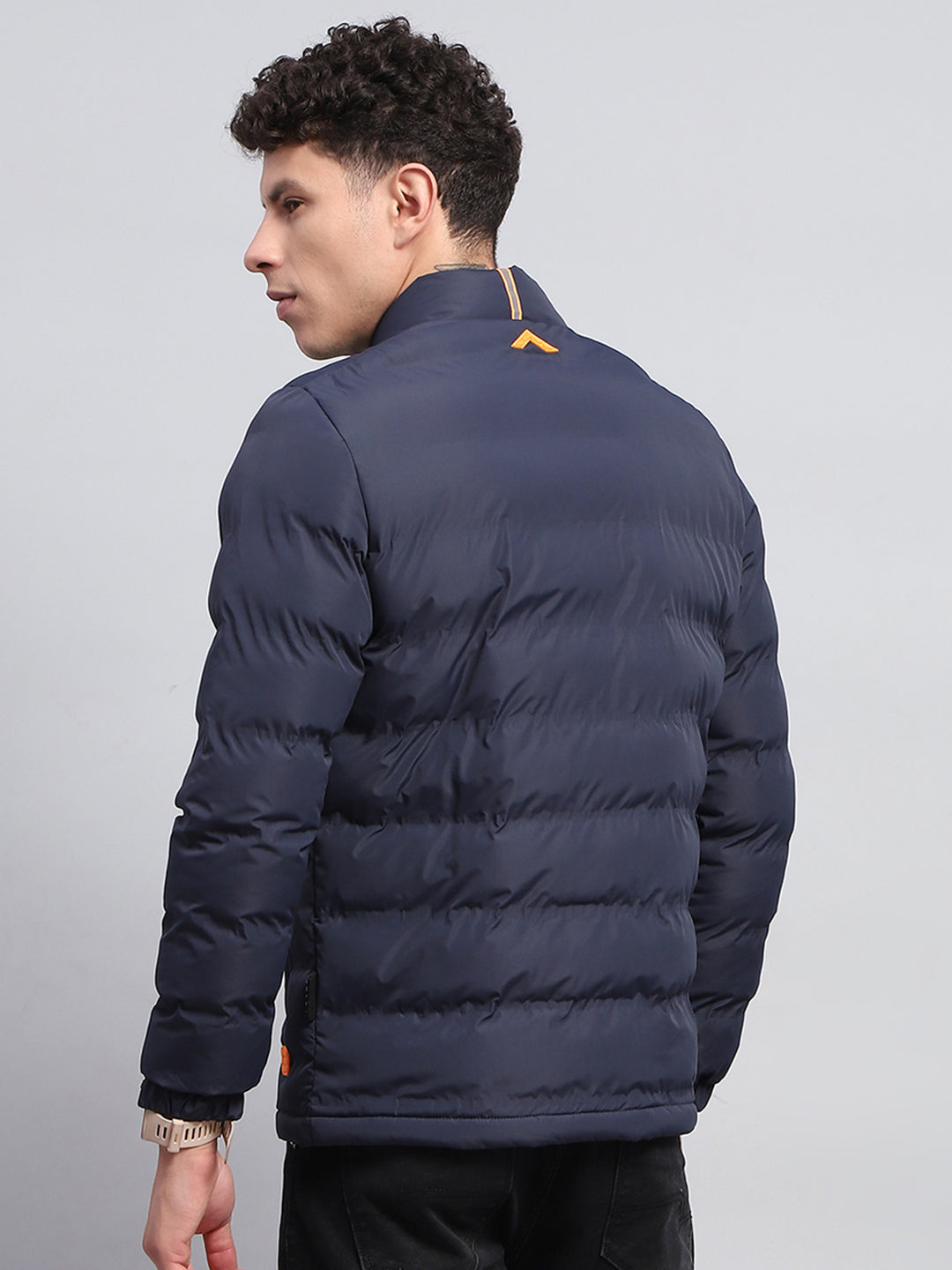 Men Navy Blue Solid Mock Neck Full Sleeve Jacket