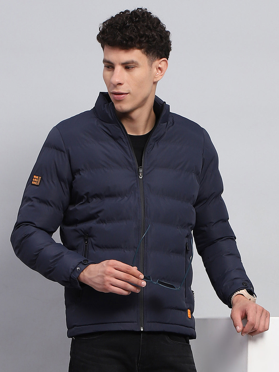 Men Navy Blue Solid Mock Neck Full Sleeve Jacket