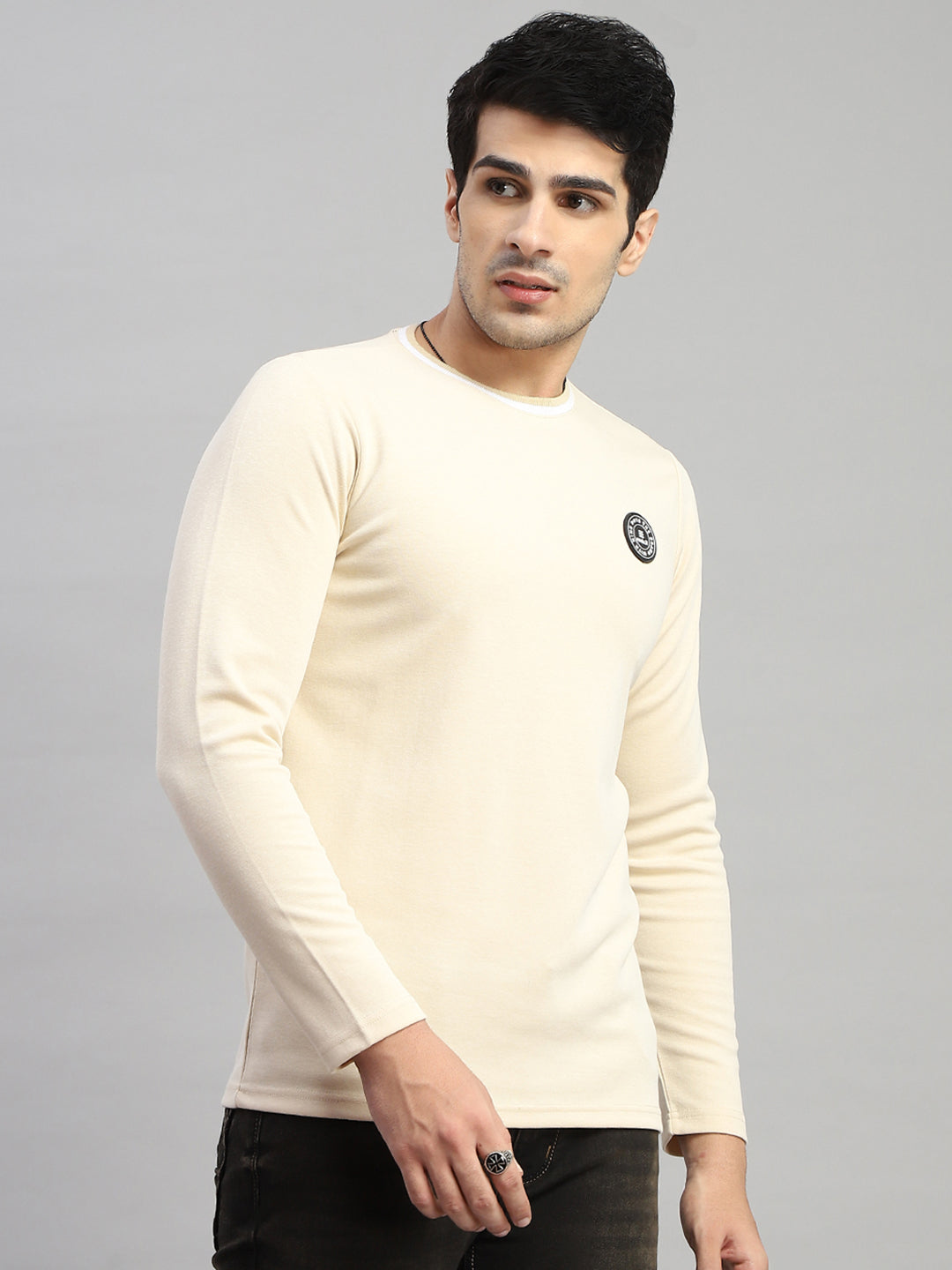 Men Cream Solid Round Neck Full Sleeve T-Shirt