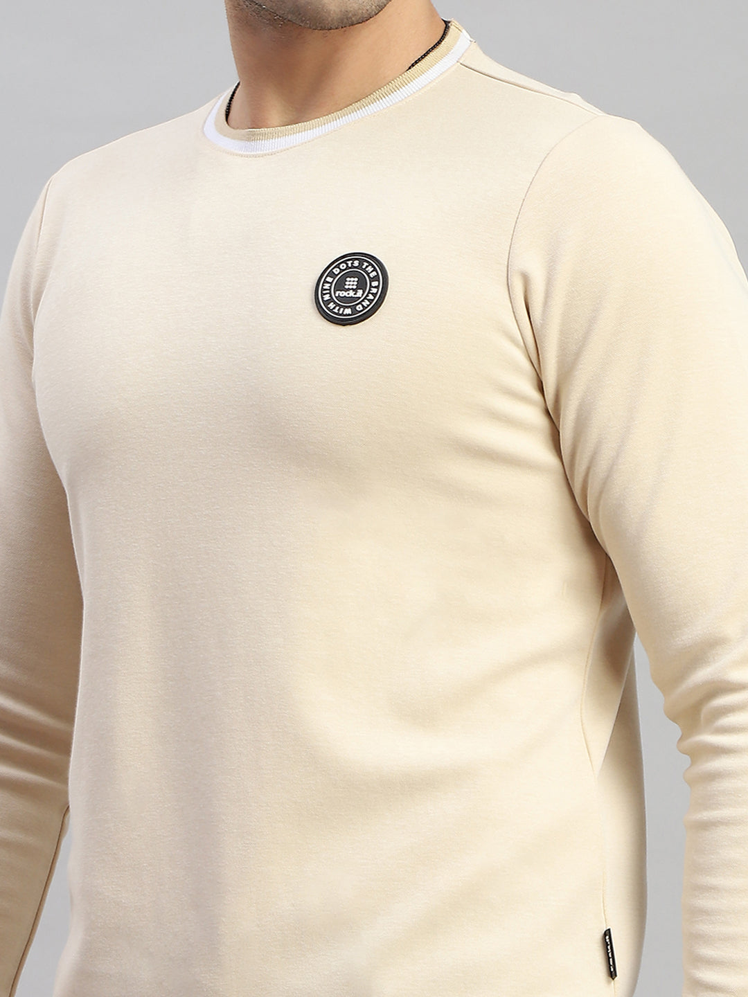 Men Cream Solid Round Neck Full Sleeve T-Shirt