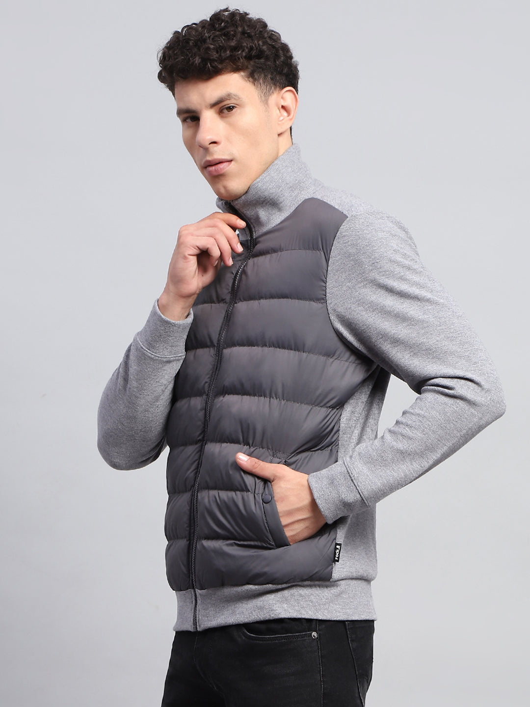 Men Grey Solid Collar Full Sleeve Jacket