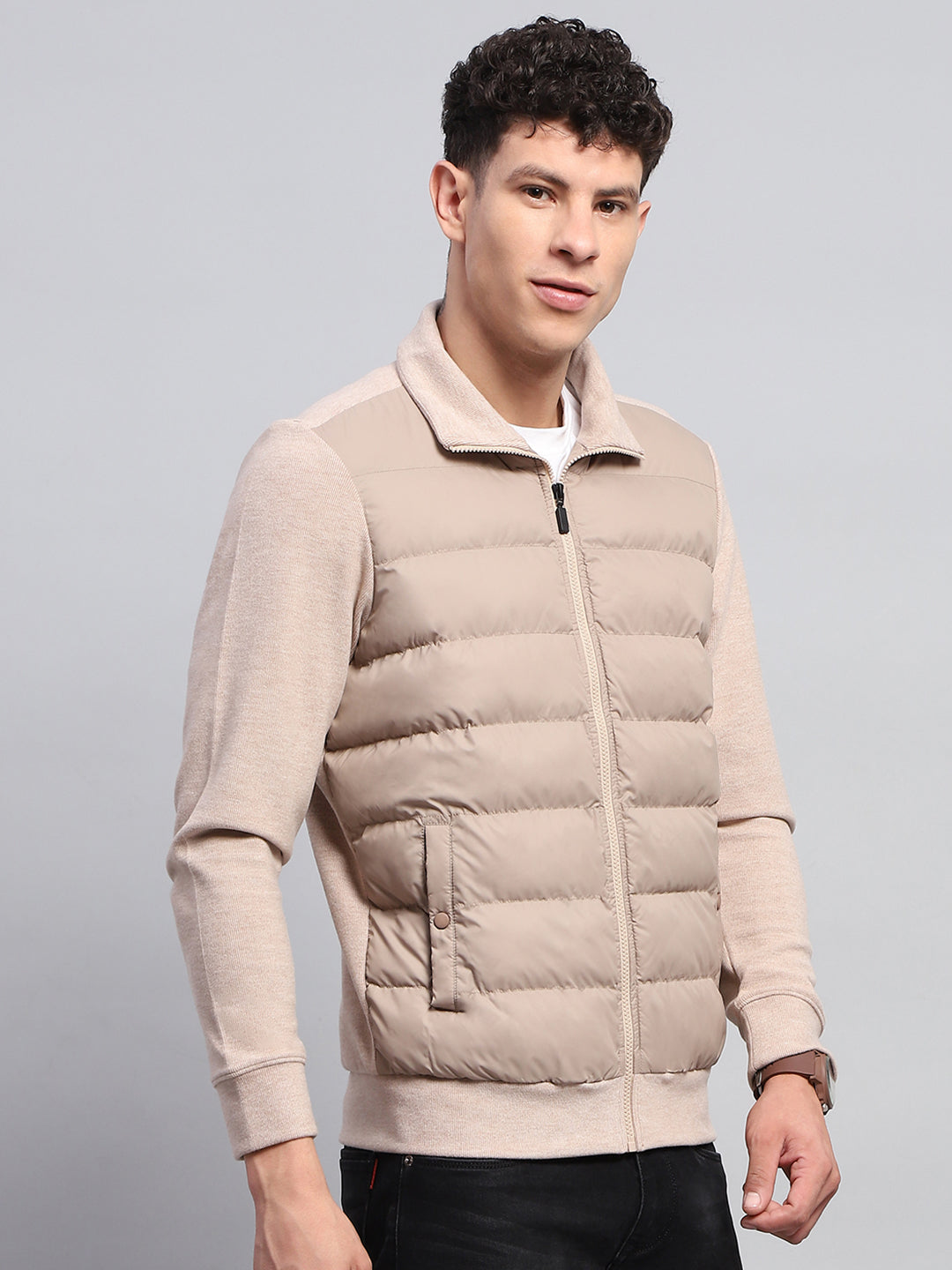 Men Beige Solid Collar Full Sleeve Jacket