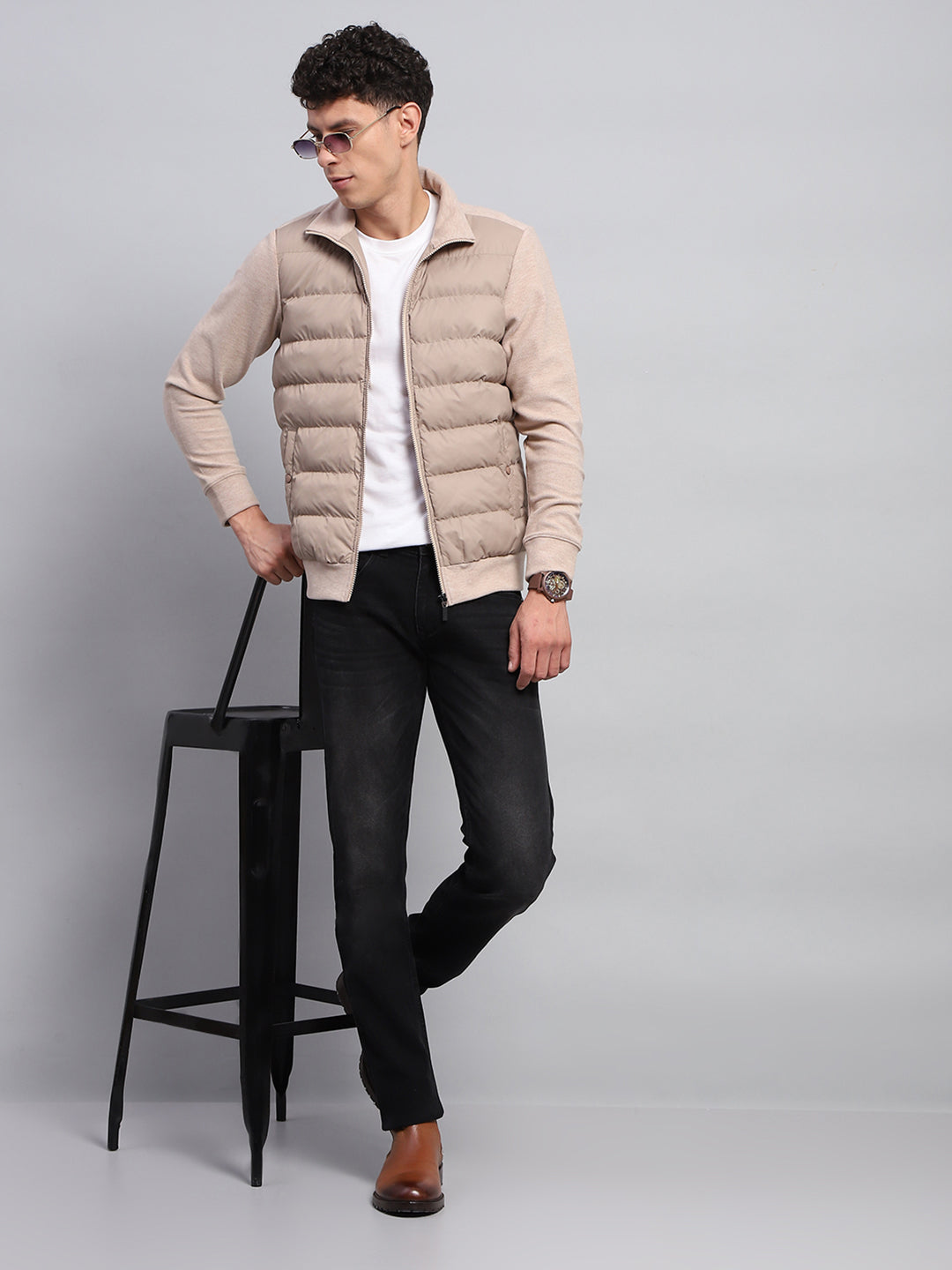 Men Beige Solid Collar Full Sleeve Jacket