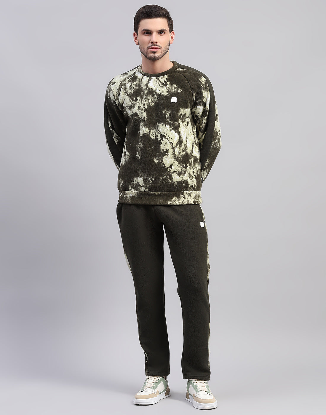 Men Olive Printed Round Neck Full Sleeve Tracksuit