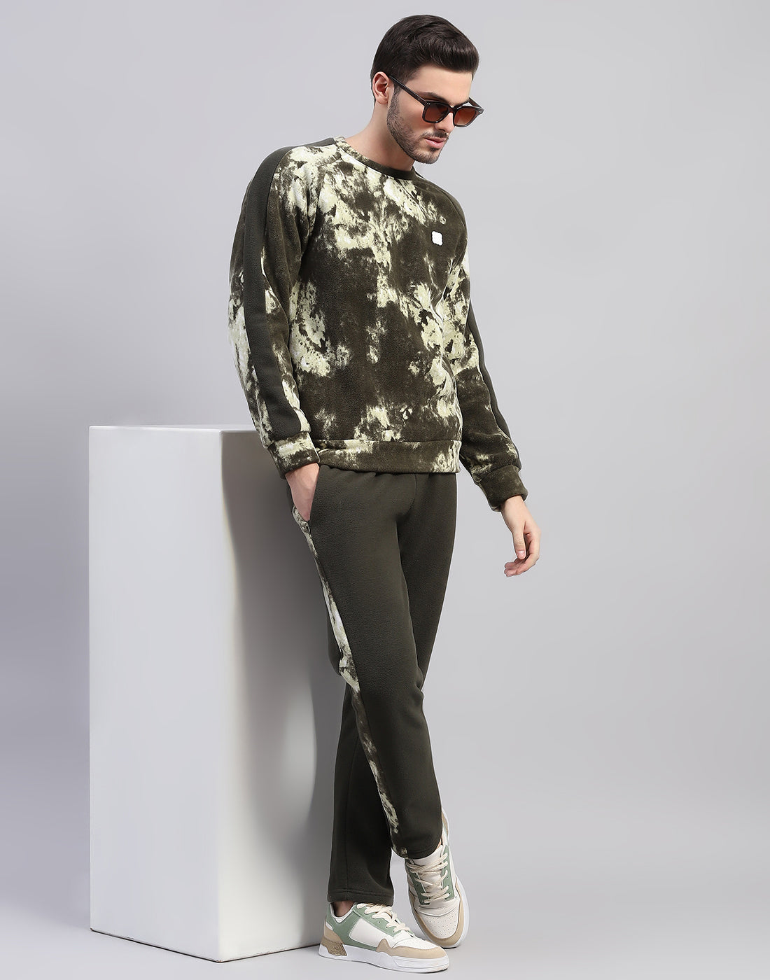 Men Olive Printed Round Neck Full Sleeve Tracksuit