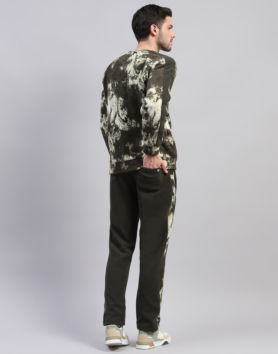 Men Olive Printed Round Neck Full Sleeve Tracksuit