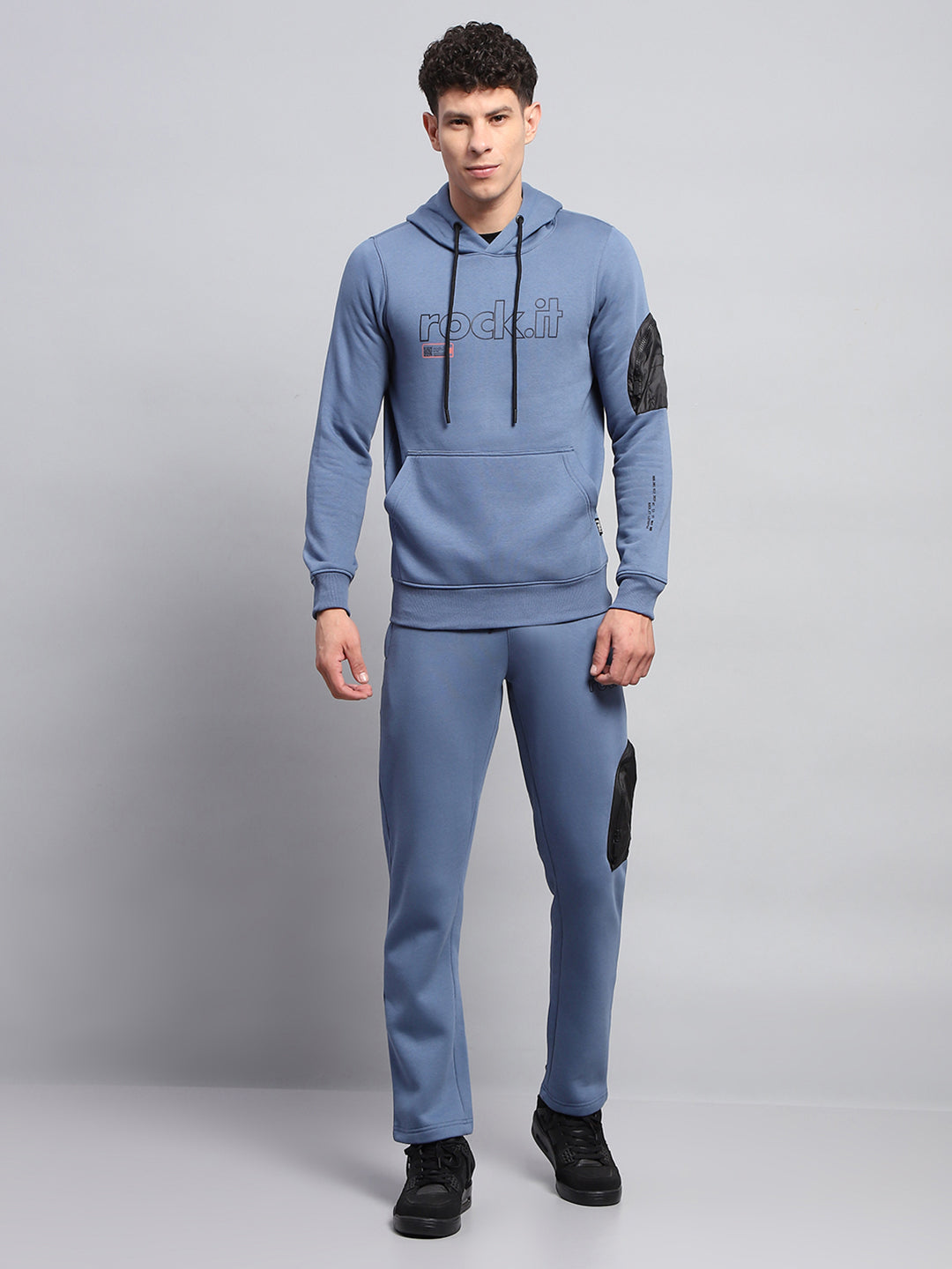 Men Blue Printed Hooded Full Sleeve Winter Tracksuit