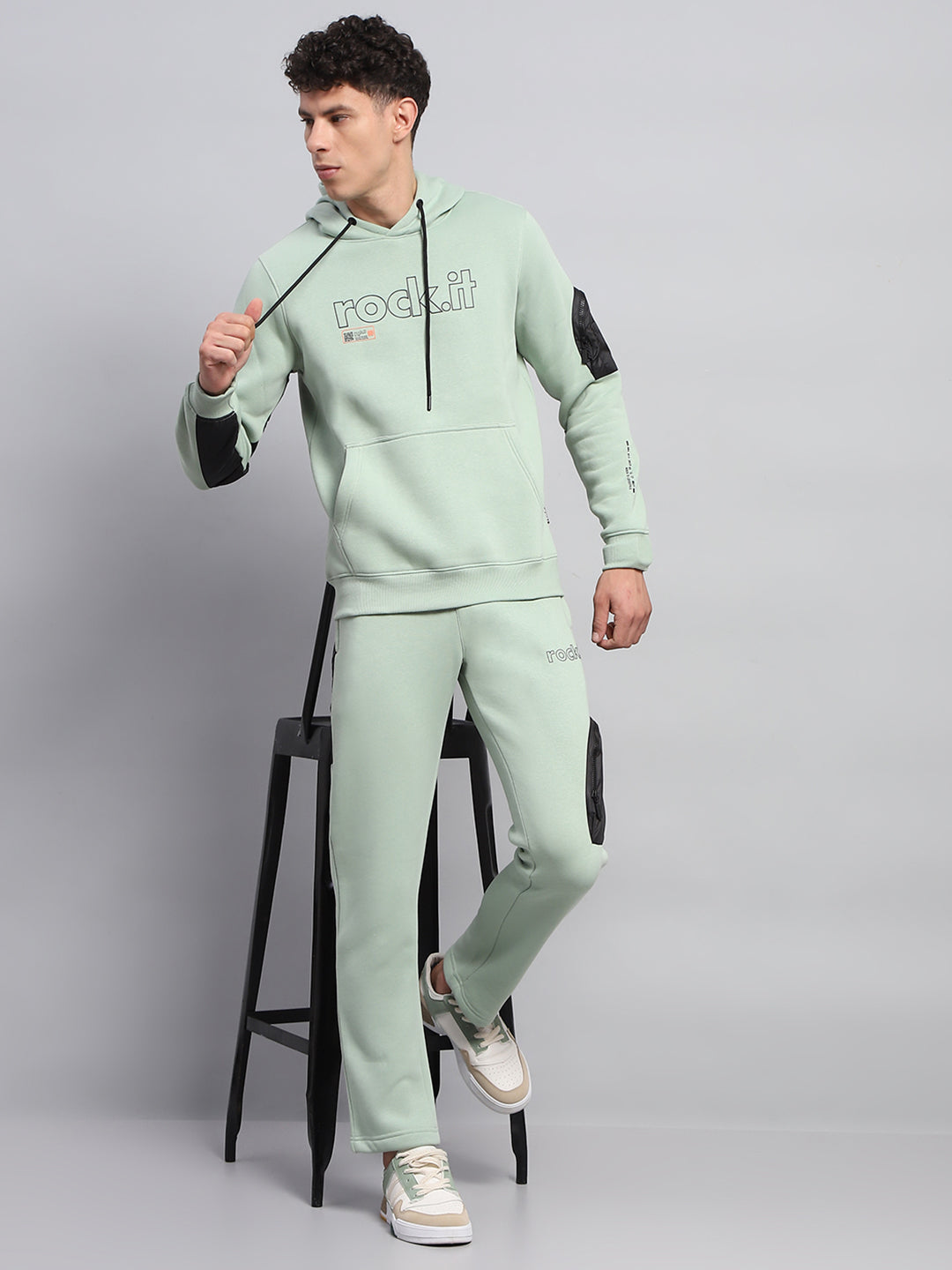 Men Green Printed Hooded Full Sleeve Winter Tracksuit