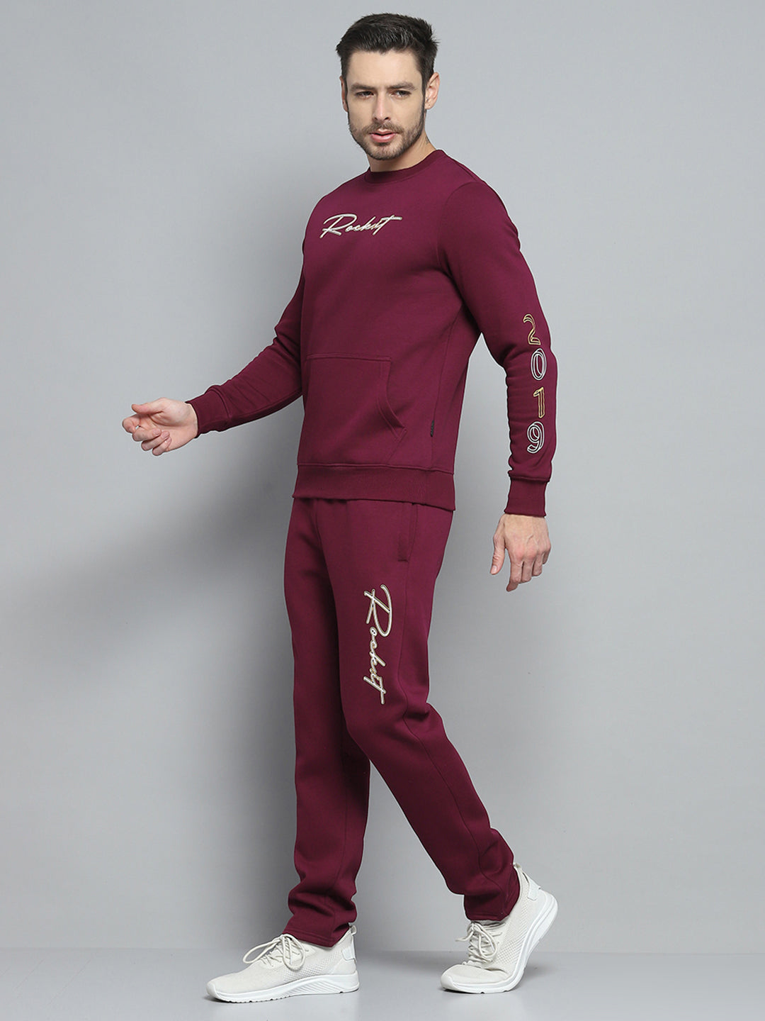 Men Maroon Printed Round Neck Full Sleeve Winter Tracksuit